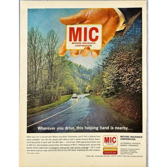 Motors Insurance Corporation (MIC) "Emergency & Road Service Coverage" Ad 1964 - Picture 1 of 3